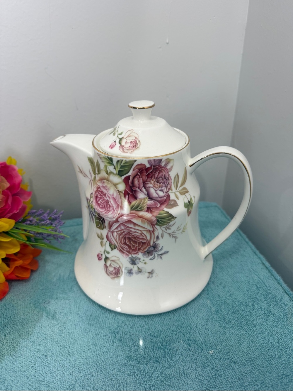 Pacifica Floral Porcelain Coffee Pot in Pink and Green with Gold Trim